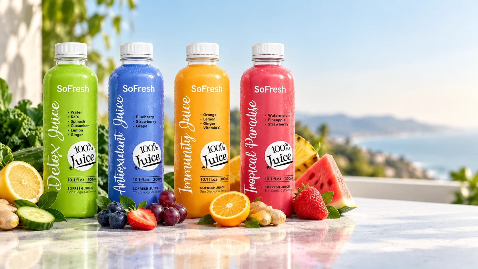 The four SOFRESH cold-pressed juices — Detox, Antioxidant, Immunity and Tropical Paradise — with their fresh ingredients on a sunlit coastal terrace