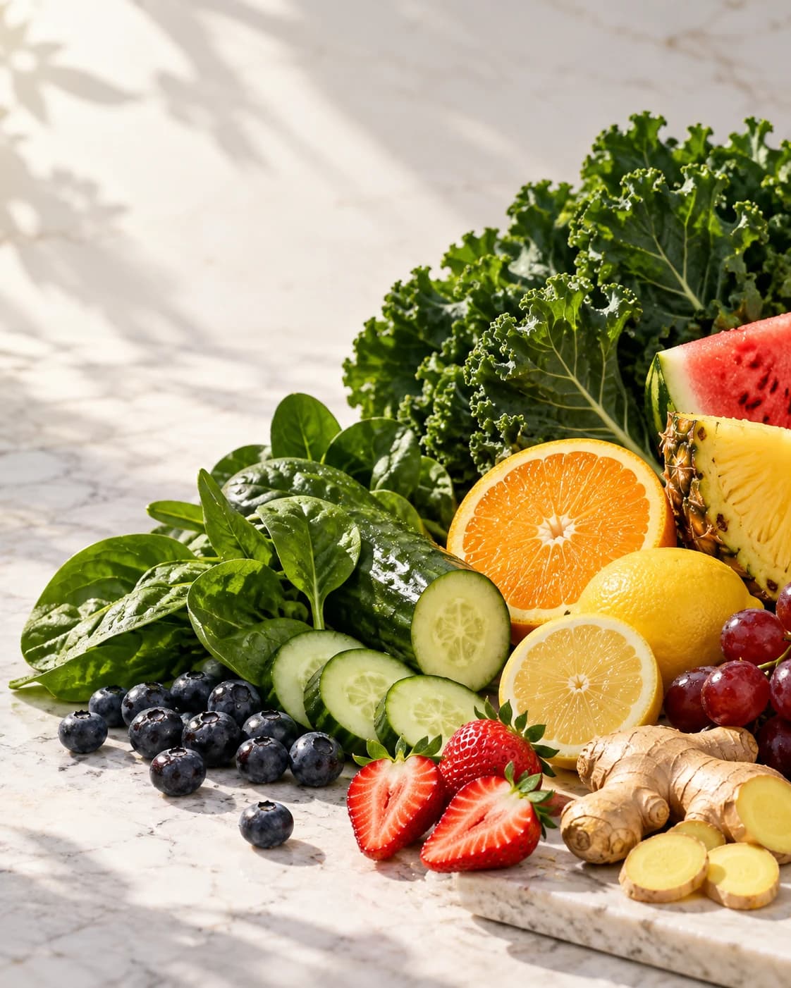 Kale, spinach, cucumber, lemon, orange, ginger, blueberries, strawberries, grapes, watermelon and pineapple on a sunlit marble counter
