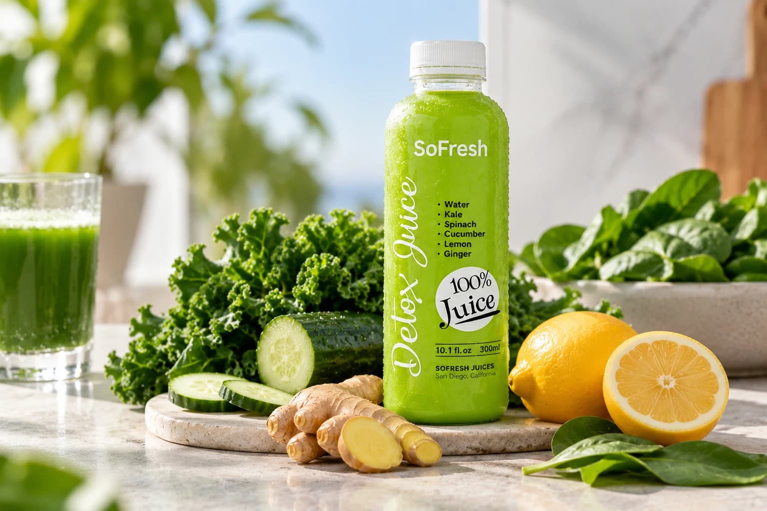 SOFRESH Detox Juice on a bright kitchen counter with a glass of green juice, kale, cucumber, ginger, lemon and spinach