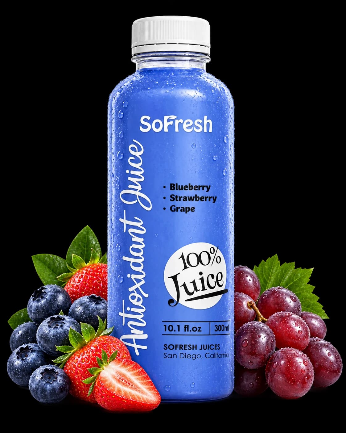 SOFRESH Antioxidant Juice bottle with blueberries, strawberries and red grapes