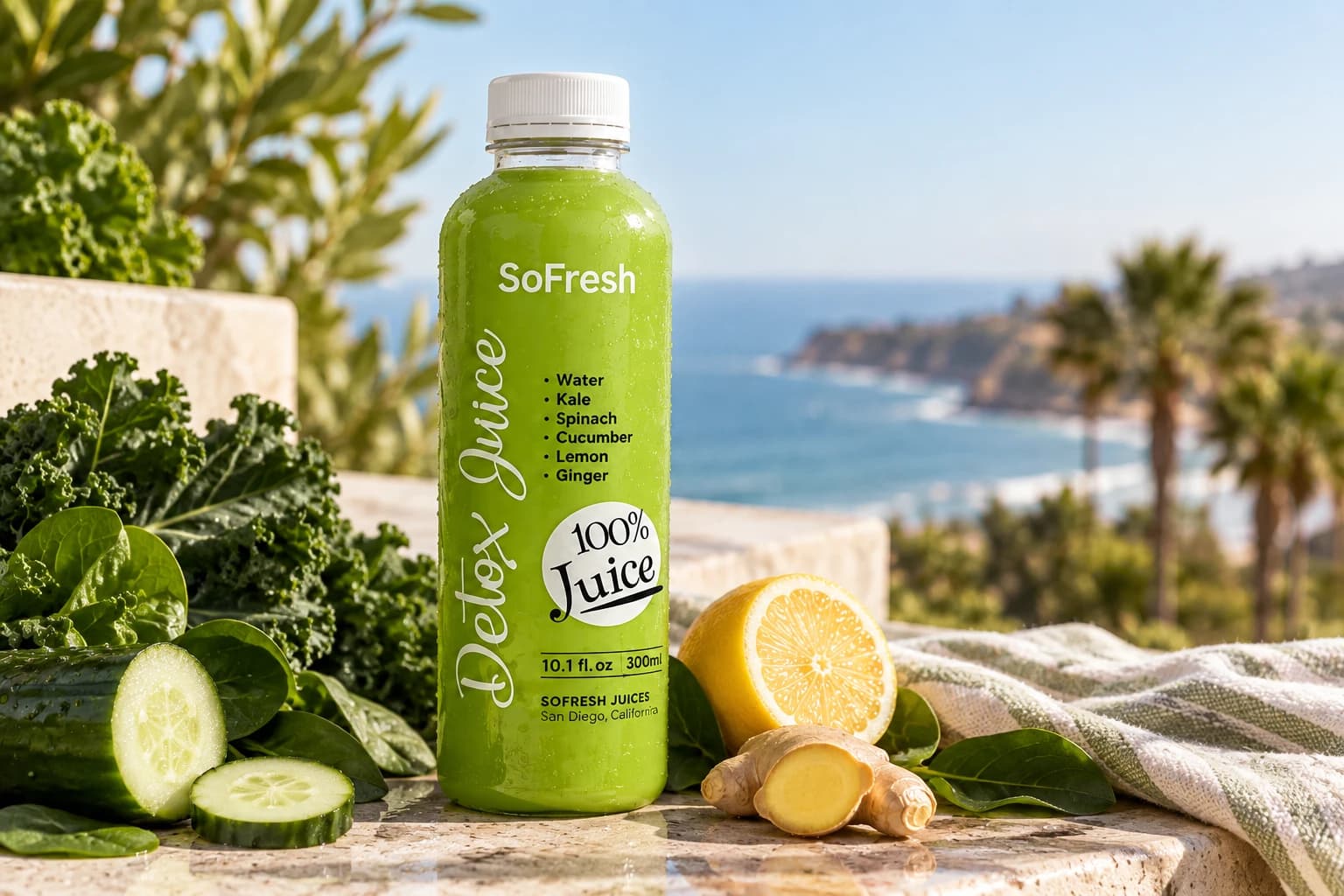 SOFRESH Detox Juice bottle beside kale, cucumber, lemon and ginger on a terrace above the ocean