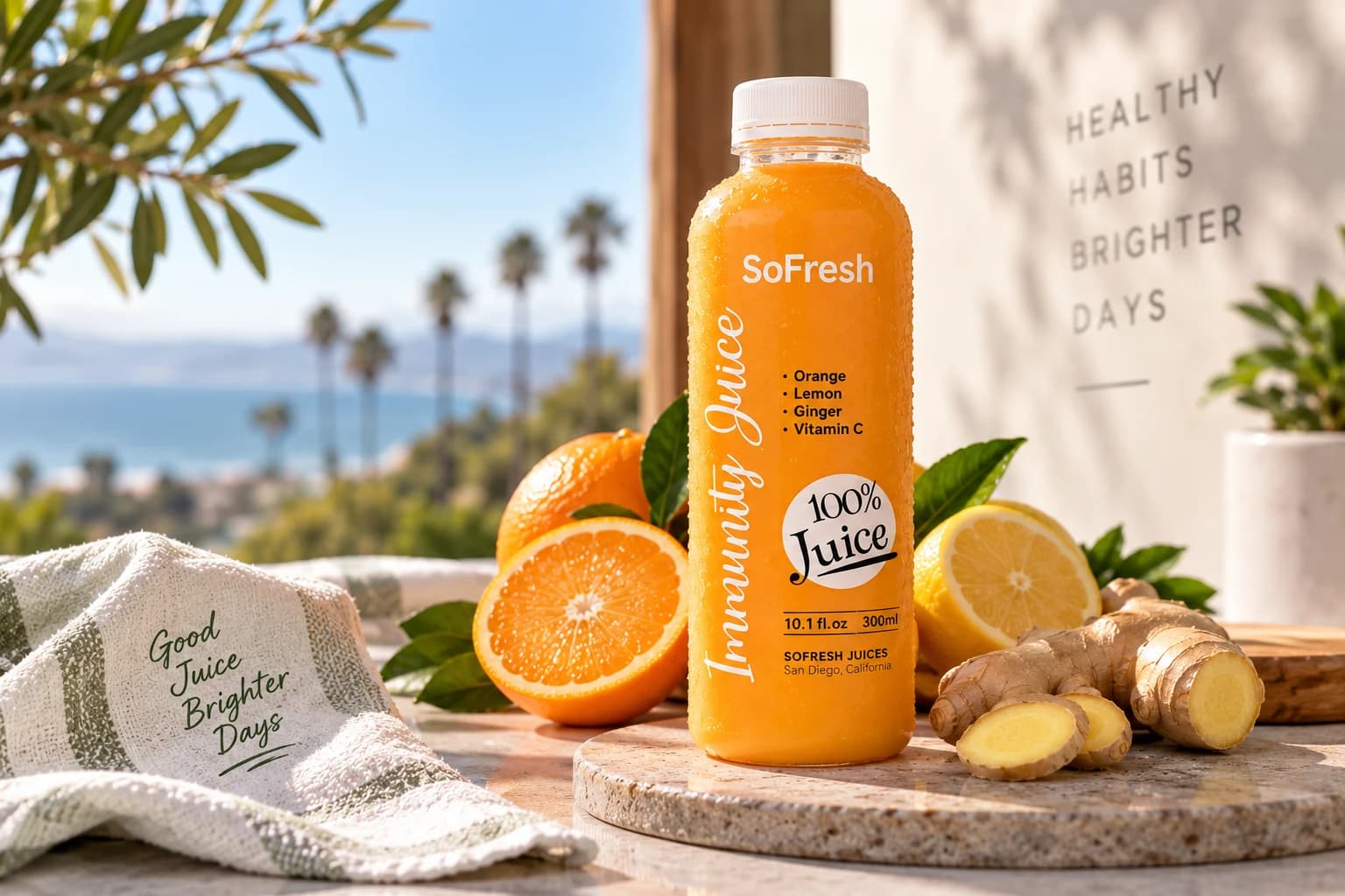 SOFRESH Immunity Juice bottle with oranges, lemon and ginger on a sunny patio