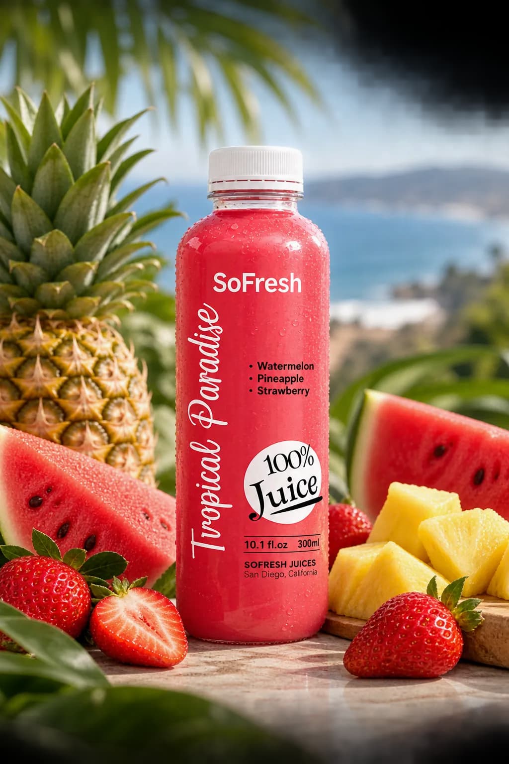 SOFRESH Tropical Paradise bottle with watermelon, pineapple and strawberries by the coast